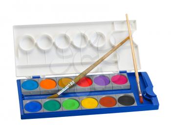 Box of watercolor paints and brushes on a white background, isolated