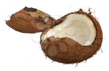 Split coconut, isolated on a white background.