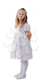A girl with long blond hair wearing a white dress, isolated on a white background