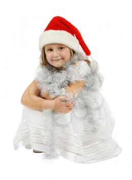 Girl with red hat, isolated on a white background.