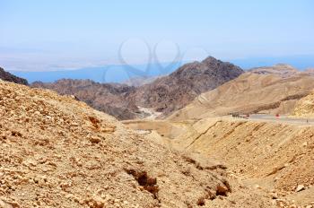 Multi-colored mountains in the south of Israel, the descent to the Gulf of Eilat Red Sea 