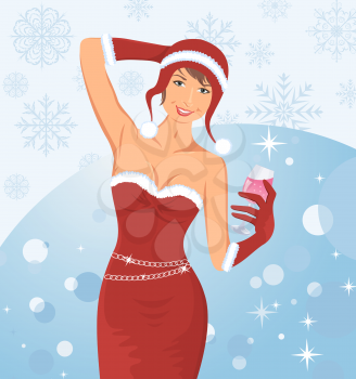 Illustration christmas lady with cokctail - vector