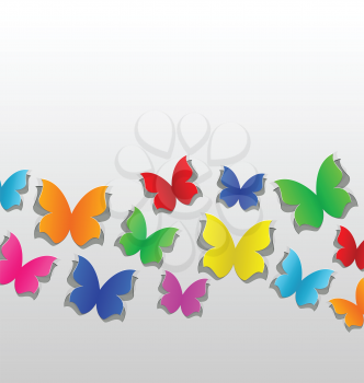 Illustration set cut out colorful butterfly, grey paper - vector