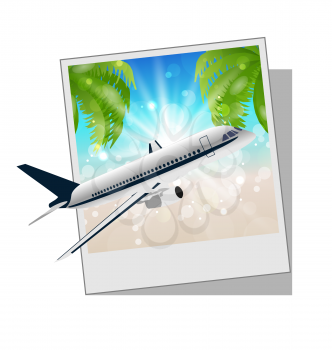 Illustration photo frame with seaside and plane - vector