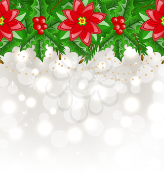 Illustration Christmas glowing background with holly berry and poinsettia - vector