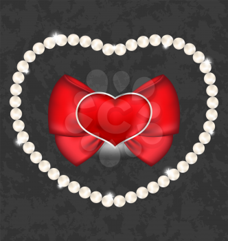 Illustration red heart with bow and pearls for Valentine Day - vector