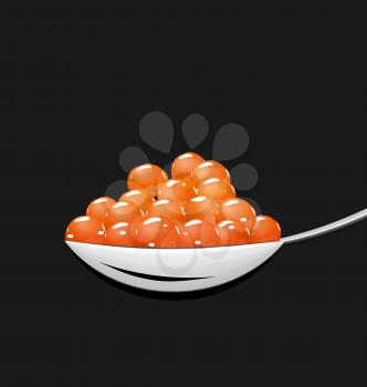 Illustration teaspoon with red caviar isolated on black background - vector
