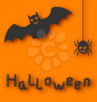 Illustration cartoon bat and spider on orange background - vector