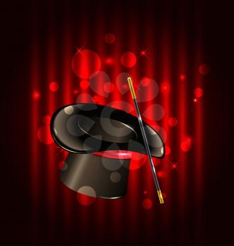 Illustration magic background with top hat and wand - vector