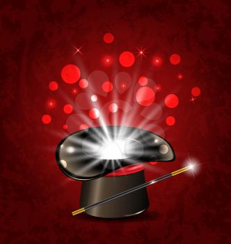 Illustration magician hat, wand and magical glow - vector