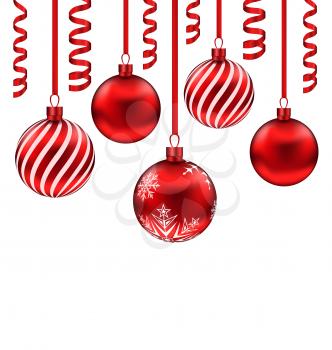 Illustration set red glass balls with serpentine for Merry Christmas, isolated on white background - vector
