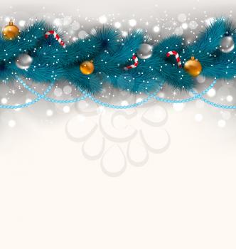 Illustration Christmas decoration with fir branches, glass balls and sweet canes - vector
