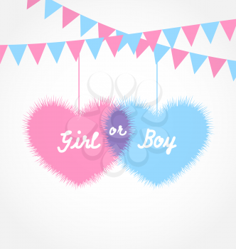 Illustration pink and blue baby shower in form hearts with hanging pennants - vector 