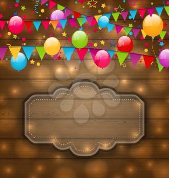 Illustration colorful balloons, hanging flags on wooden texture, place for your text - vector