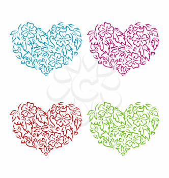 Illustration set ornamental hearts in floral hand drawn style for Valentine Day, isolated on white background - vector