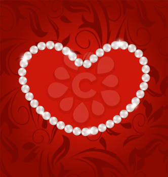 Illustration floral postcard with heart made in pearls for Valentine Day, copy space for your text - vector