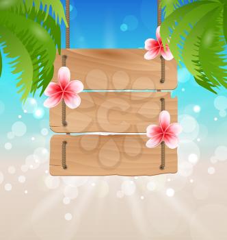 Illustration hanging wooden guidepost with exotic flowers frangipani and palmtrees - vector