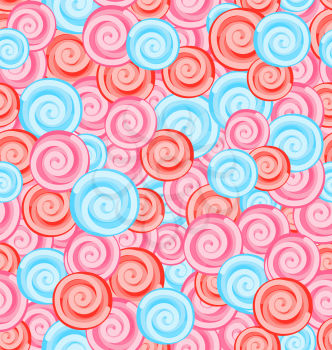 Illustration Seamless Texture with Colored Sweets, Swirl Lollipops - Vector