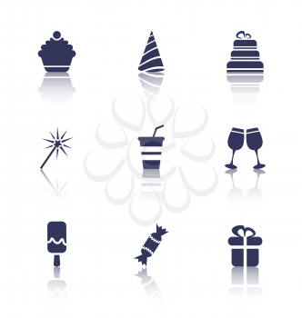 Illustration Set Party Icons of Holiday and Birthday Objects with Reflection. Isolated on White Background - Vector