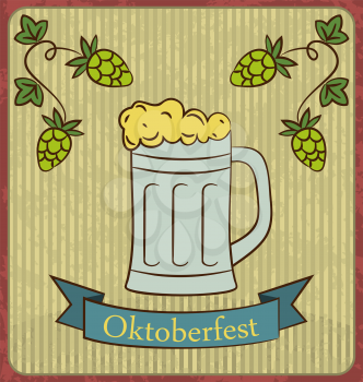 Oktoberfest Banner Glass Mug Beer with Foam and Hops Branch old style Vintage Background - vector