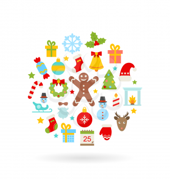 Illustration Christmas Colorful Flat Icons, Minimalism Style - Vector
