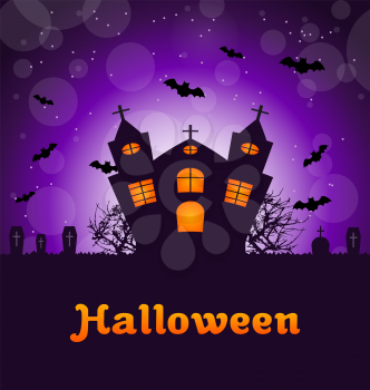 Illustration Halloween Greeting Card with Castle, Bats, Cemetery. Advertising Flyer for Party - Vector