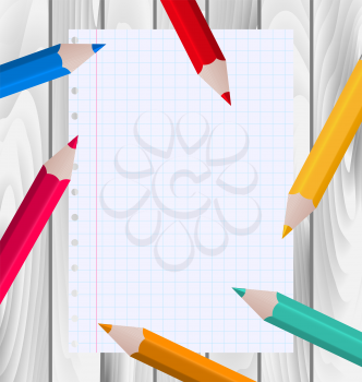 Illustration Colorful Pencils with Paper Sheet on Wooden Background, Back to School - Vector