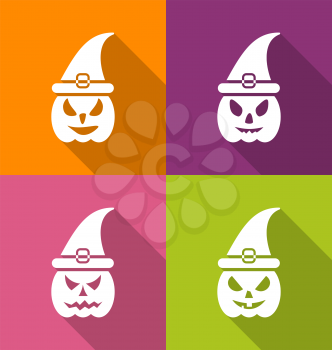 Illustration Halloween Carving Paper Pumpkins with Hats, Long Shadow Style - Vector