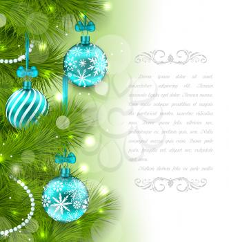 Illustration Christmas Glowing Card with Fir Twigs and Glass Balls - Vector