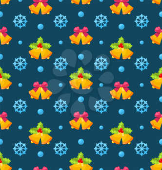 Illustration Christmas Seamless Texture with Jingle Bells and Snowflakes - Vector