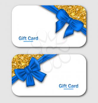 Illustration Gift Cards with Blue Bow Ribbon and Golden Surface. Template for Holiday Cards, Invitations, Discount Design - Vector