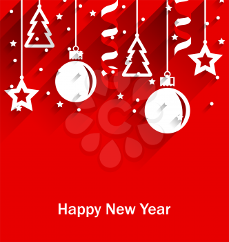 Illustration Happy New Year Greeting Card with Fir, Balls, Stars, Streamer, Trendy Flat Style with Long Shadows - Vector