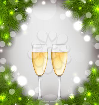 Illustration Merry Christmas Background with Glasses of Champagne and Fir Branches - Vector