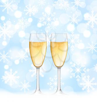 Illustration Snowflakes Elegance Background with Glasses of Champagne for Merry Christmas - Vector