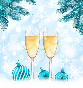 Illustration Merry Christmas Background with Glasses of Champagne, Fir Branches and Balls - Vector