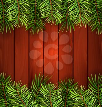 Illustration Holiday Wooden Background with Fir Branches, Copy Space for Your Text - Vector