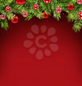Illustration Natural Christmas Framework with Fir Twigs and Glass Balls, Copy Space for Your Text - Vector