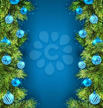 Illustration Winter Holiday Wallpaper with Fir Sprigs and Glass Balls - Vector