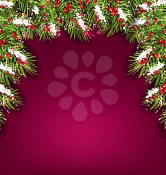 Illustration Holiday Background with Fir Branches and Berries, Copy Space for Your Text - Vector