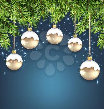 Illustration Christmas Background with Fir Twigs and Glass Balls, Holiday Wallpaper - Vector