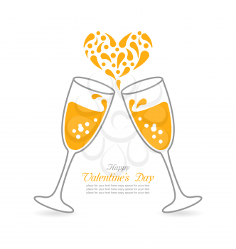 Illustration Wineglasses of Sparkling Champagne and Splashes in Form Heart for Happy Valentines Day - Vector