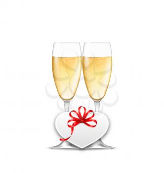 Illustration Wineglasses of Champagne and Paper Postcard for Happy Valentines Day, Isolated on White Background - Vector