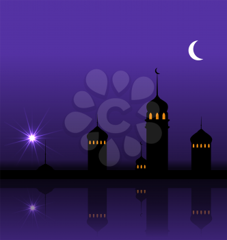 Illustration Ramadan Kareem Night Background with Silhouette Mosque and Minarets - Vector
