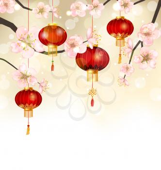Illustration Background with Cherry Blossom and Hanging Lanterns, Spring Japanese Festival - Vector