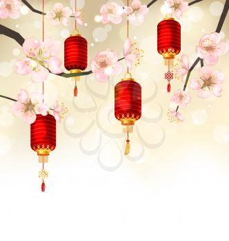 Illustration Cute Background with Sakura Blossom and Hanging Lanterns, Spring Japanese Festival, Place for Your Text - Vector
