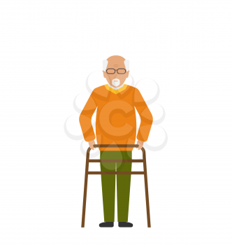 Illustration Old Disabled Man Isolated on White Background. Cripple Male on Walker. Physiotherapy and Rehabilitation for Invalids - Vector