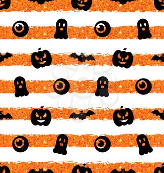 Illustration Seamless Texture with Pumpkin, Bat, Spooky, Eye. Holiday Wallpaper for Halloween with Traditional Icons - Vector