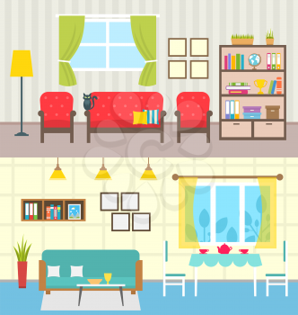 Illustration Set Home Interiors. Design of Living Rooms. Collection Colorful Furniture in Flat Style - Vector