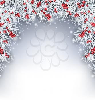 Illustration Holiday Background with Silver Fir Twigs and Holly Berries, Copy Space for Your Text - Vector
