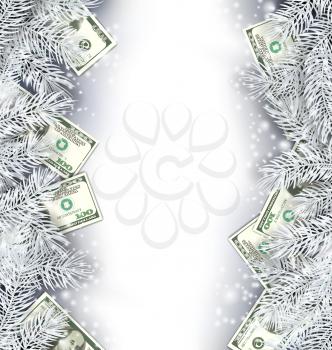Illustration Holiday Frame with Fir Branches and Dollars, Copy Space for Your Text - Vector